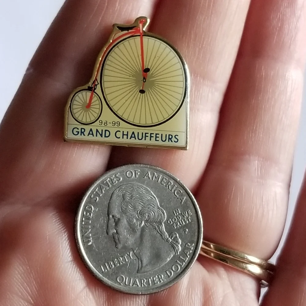 Vintage pin Grand Chauffeurs bicycle  enamel brooch penny farthing high